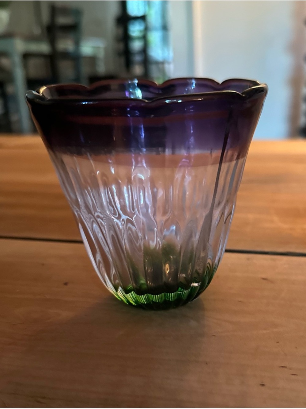 Six (6) Anthropologie Purple and Green Rippled Glass Tumbler